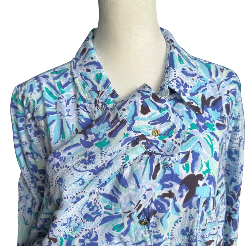 Lilly Pulitzer Floral Button Down Sz L Blue Green Resort Wear Vacation Coastal - Picture 3 of 16